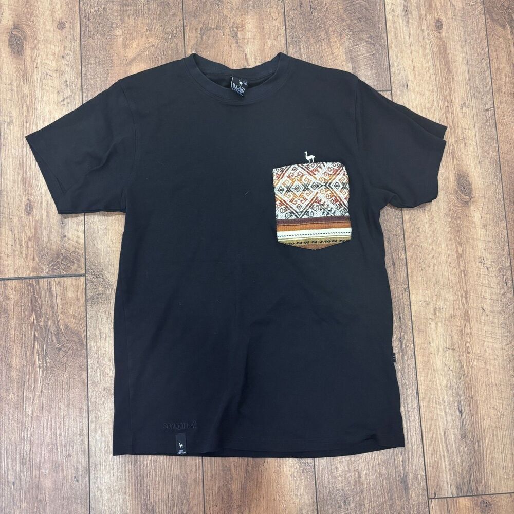 Illari Souvenirs Large Black Peruvian Woven Trim Short Sleeve TShirt 100% Cotton